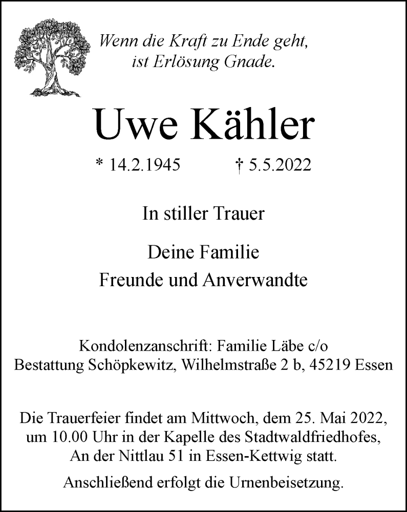  Traueranzeige für Uwe Kähler vom 21.05.2022 aus WVW Anzeigenblätter