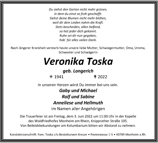 Traueranzeige von Veronika Toska von WVW Anzeigenblätter