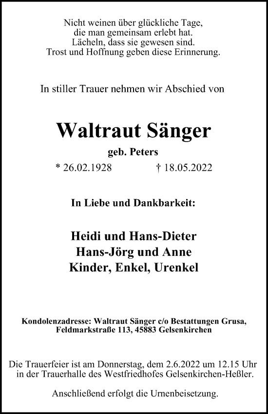 Traueranzeige von Waltraut Sänger von WVW Anzeigenblätter
