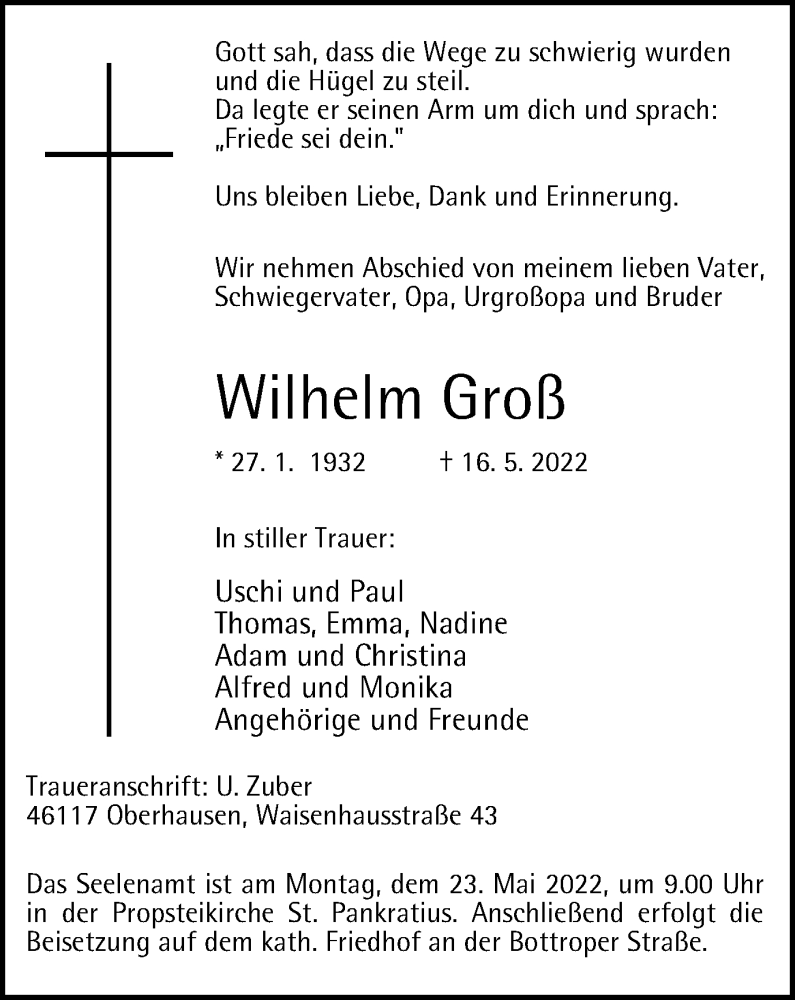 Traueranzeigen von Wilhelm Groß | Trauer-in-NRW.de