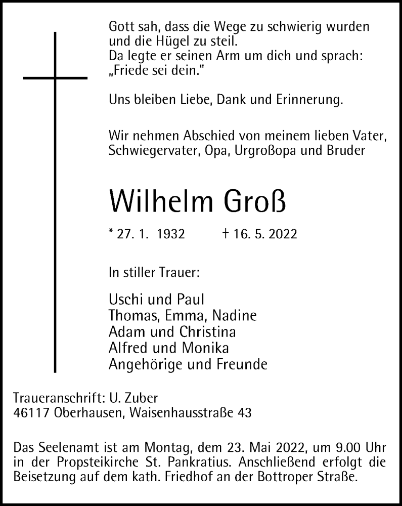  Traueranzeige für Wilhelm Groß vom 21.05.2022 aus WVW Anzeigenblätter