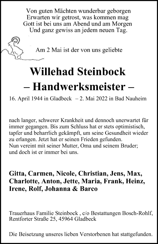 Traueranzeige von Willehad Steinbock von WVW Anzeigenblätter