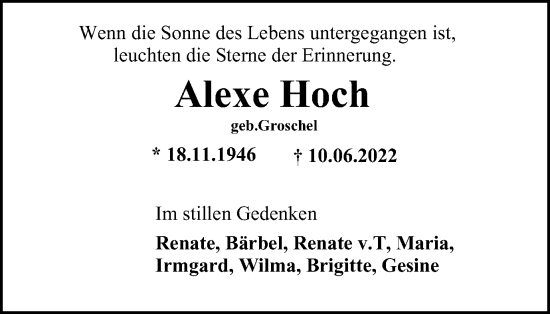 Traueranzeige von Alexe Hoch von WVW Anzeigenblätter