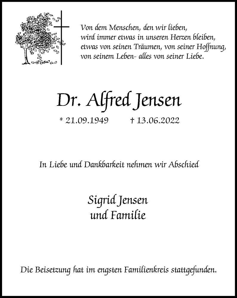  Traueranzeige für Alfred Jensen vom 25.06.2022 aus WVW Anzeigenblätter