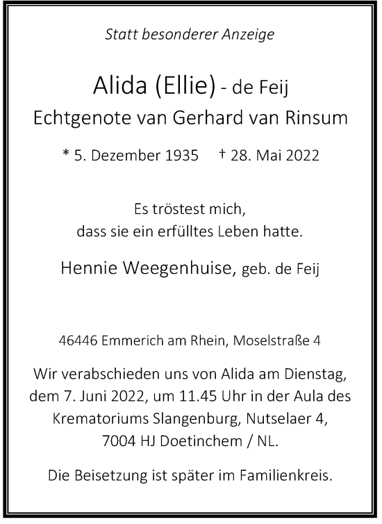 Traueranzeige von Alida de Feij Echtgenote van Gerhard van Rinsum von WVW Anzeigenblätter