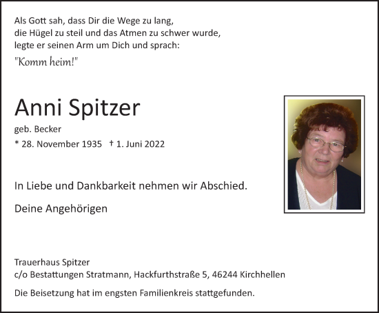 Traueranzeige von Anni Spitzer von WVW Anzeigenblätter