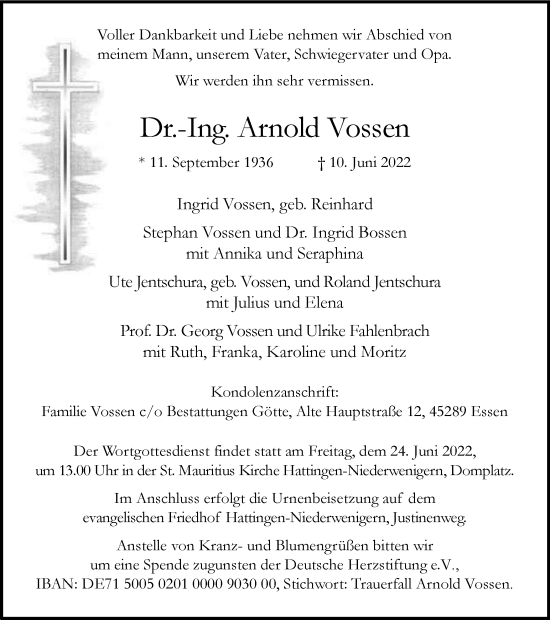 Traueranzeige von Arnold Vossen von WVW Anzeigenblätter