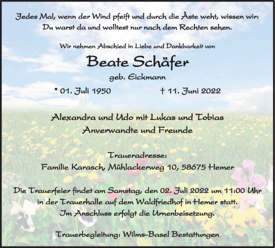 Traueranzeige von Beate Schäfer von WVW Anzeigenblätter