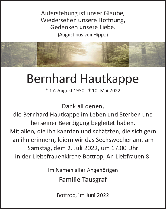 Traueranzeige von Bernhard Hautkappe von WVW Anzeigenblätter