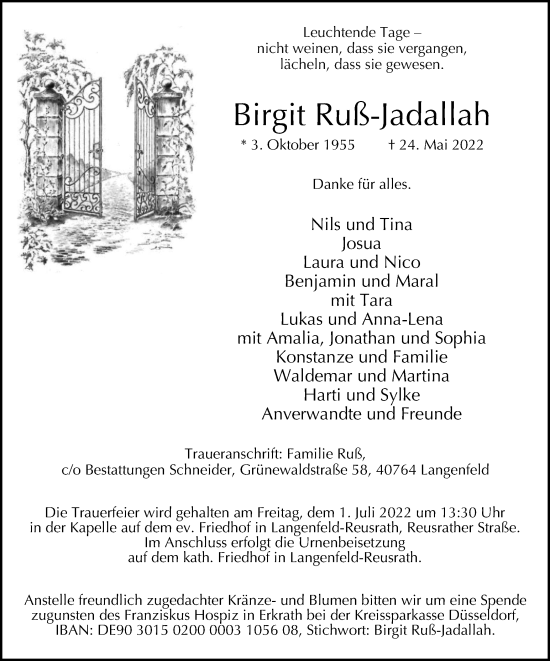 Traueranzeige von Bestattungen Ruß-Jadallah von WVW Anzeigenblätter