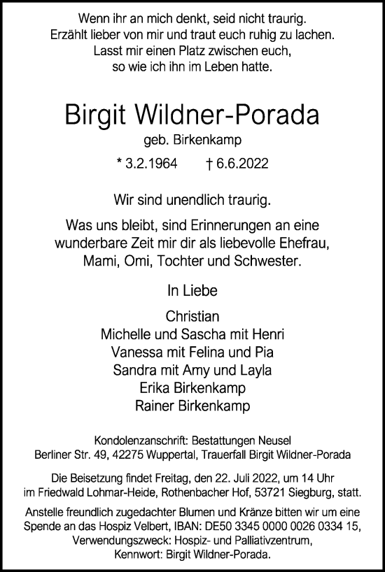 Traueranzeige von Birgit Wildner-Porada von WVW Anzeigenblätter