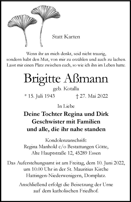 Traueranzeige von Brigitte Aßmann von WVW Anzeigenblätter