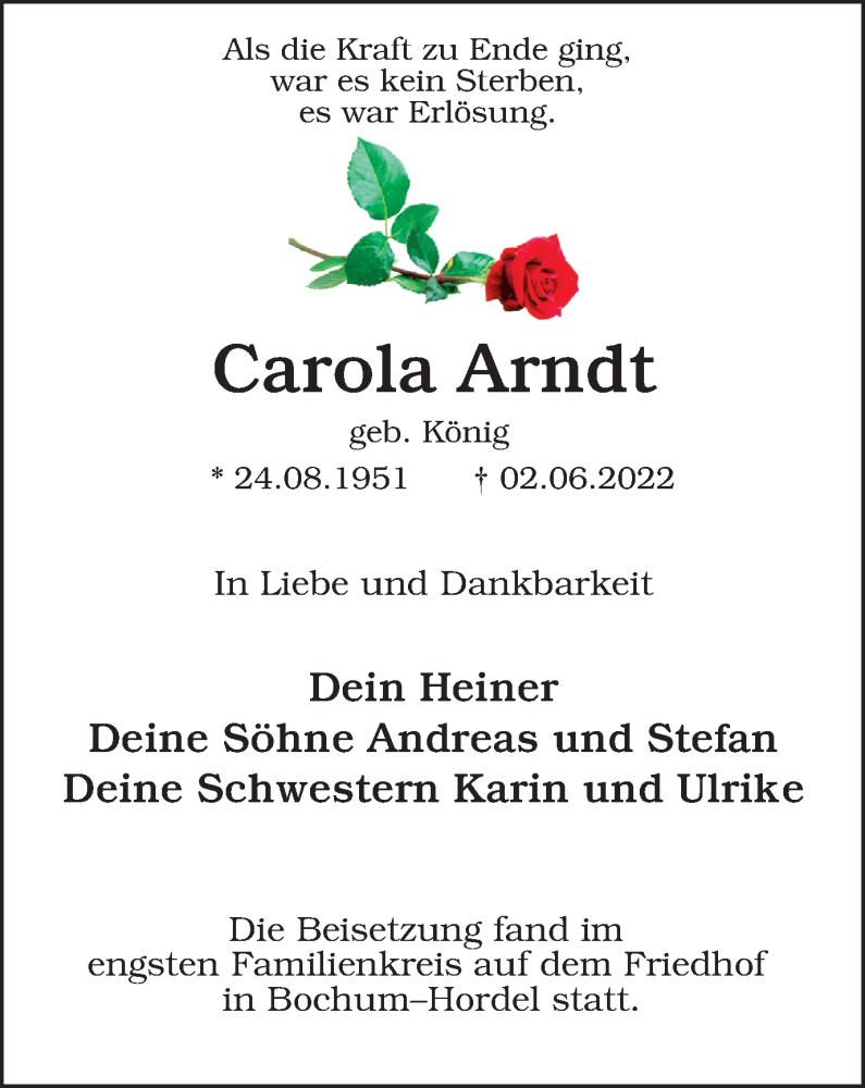  Traueranzeige für Carola Arndt vom 25.06.2022 aus WVW Anzeigenblätter