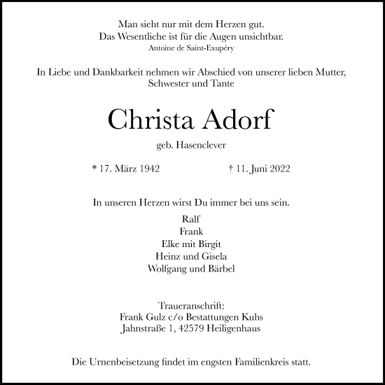 Traueranzeige von Christa Adorf von WVW Anzeigenblätter