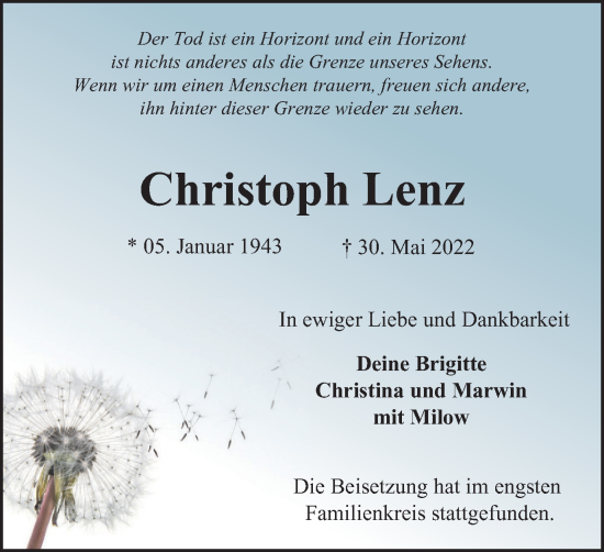 Traueranzeige von Christoph Lenz von WVW Anzeigenblätter