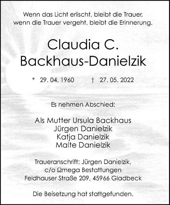 Traueranzeige von Claudia C. Backhaus-Danielzik von WVW Anzeigenblätter