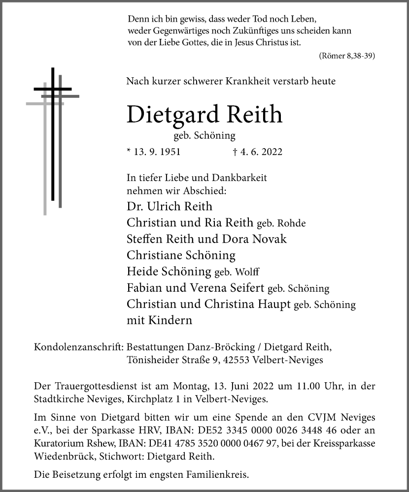  Traueranzeige für Dietgard Reith vom 11.06.2022 aus WVW Anzeigenblätter