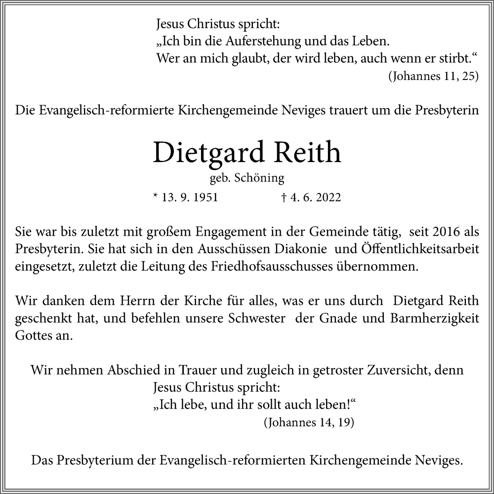  Traueranzeige für Dietgard Reith vom 25.06.2022 aus WVW Anzeigenblätter