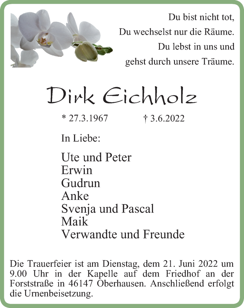  Traueranzeige für Dirk Eichholz vom 18.06.2022 aus WVW Anzeigenblätter