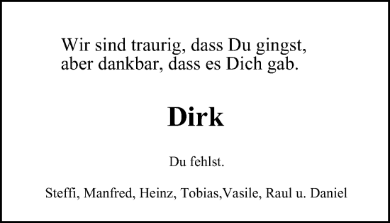 Traueranzeige von Dirk Eichholz von WVW Anzeigenblätter