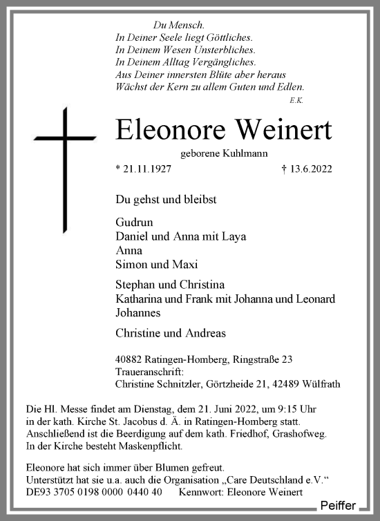 Traueranzeige von Eleonore Weinert von WVW Anzeigenblätter