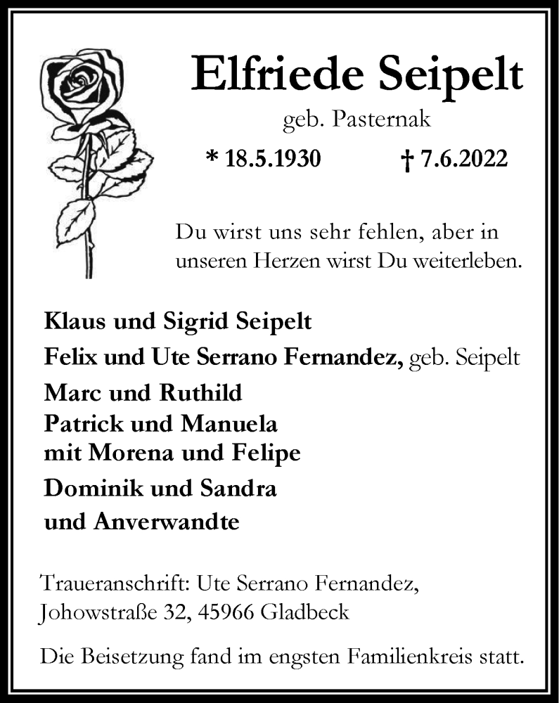  Traueranzeige für Elfriede Seipelt vom 18.06.2022 aus WVW Anzeigenblätter