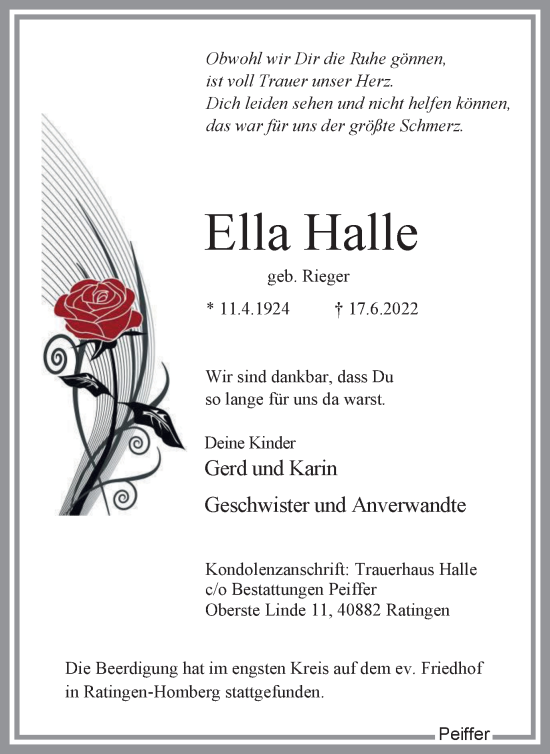 Traueranzeige von Ella Halle von WVW Anzeigenblätter
