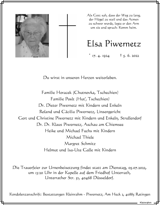 Traueranzeige von Elsa Piwernetz von WVW Anzeigenblätter