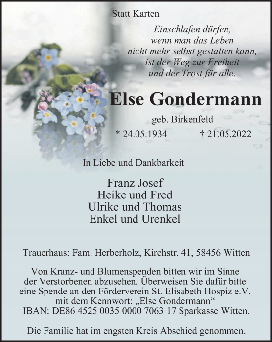 Traueranzeige von Else Gondermann von WVW Anzeigenblätter