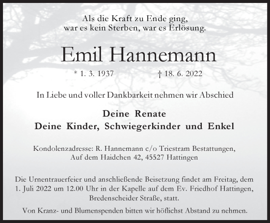 Traueranzeige von Emil Hannemann von WVW Anzeigenblätter
