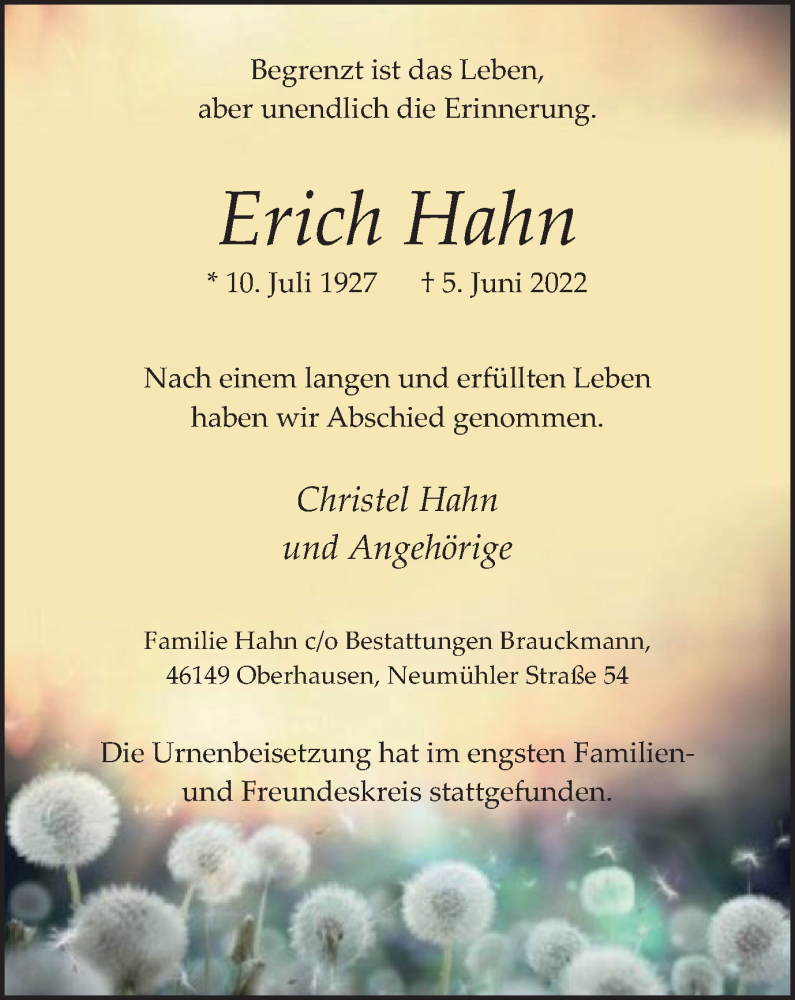  Traueranzeige für Erich Hahn vom 25.06.2022 aus WVW Anzeigenblätter