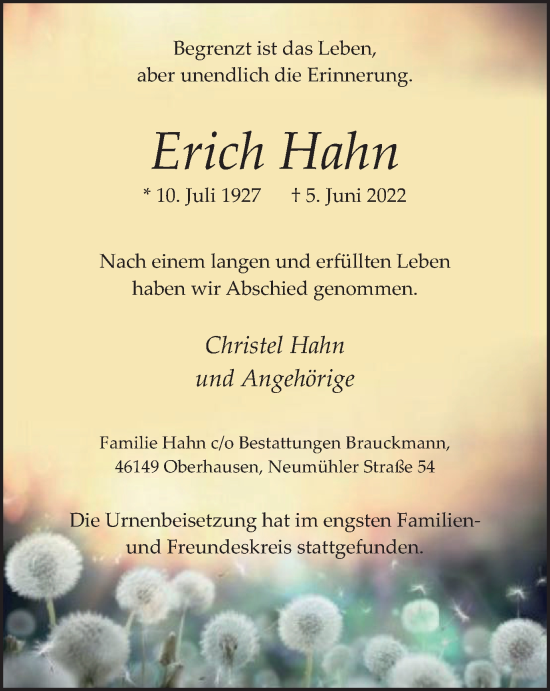 Traueranzeige von Erich Hahn von WVW Anzeigenblätter