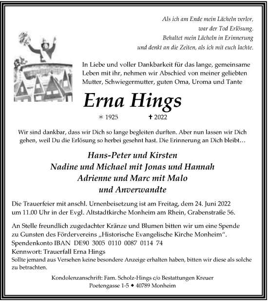 Traueranzeige von Erna Hings von WVW Anzeigenblätter