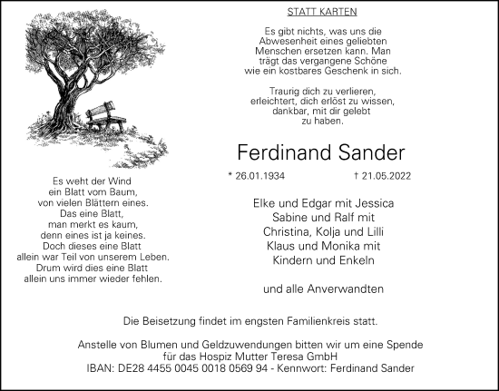Traueranzeige von Ferdinand Sander von WVW Anzeigenblätter