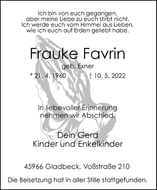 Traueranzeige von Frauke Favrin von WVW Anzeigenblätter