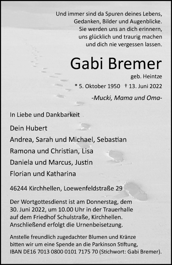 Traueranzeige von Gabi Bremer von WVW Anzeigenblätter