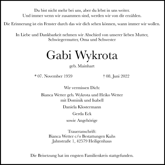 Traueranzeige von Gabi Wykrota von WVW Anzeigenblätter
