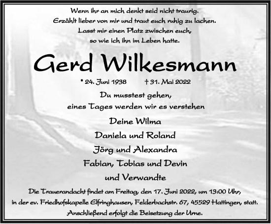 Traueranzeige von Gerd Wilkesmann von WVW Anzeigenblätter