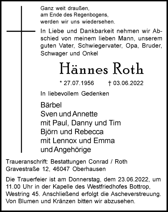 Traueranzeige von Hännes Roth von WVW Anzeigenblätter