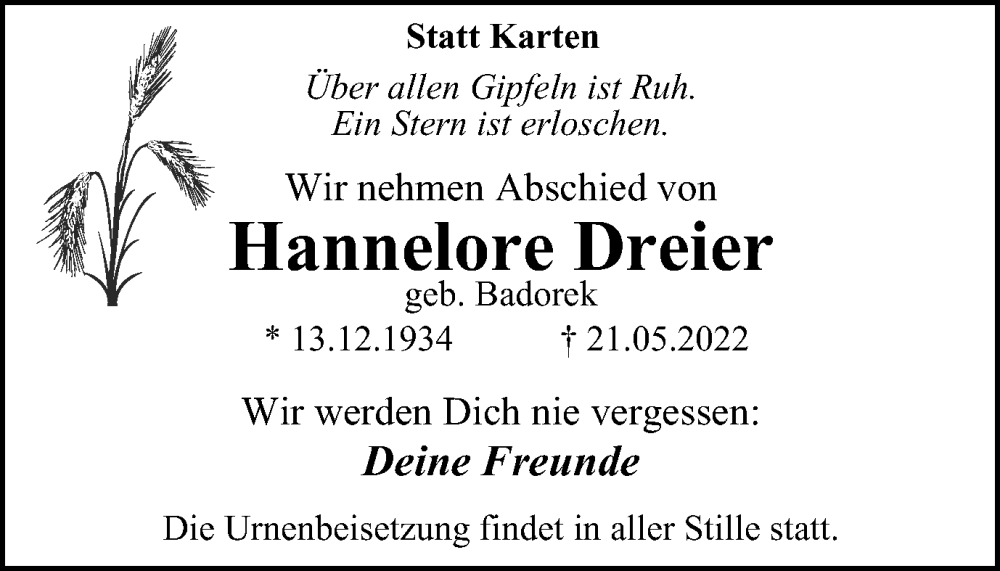  Traueranzeige für Hannelore Dreier vom 11.06.2022 aus WVW Anzeigenblätter