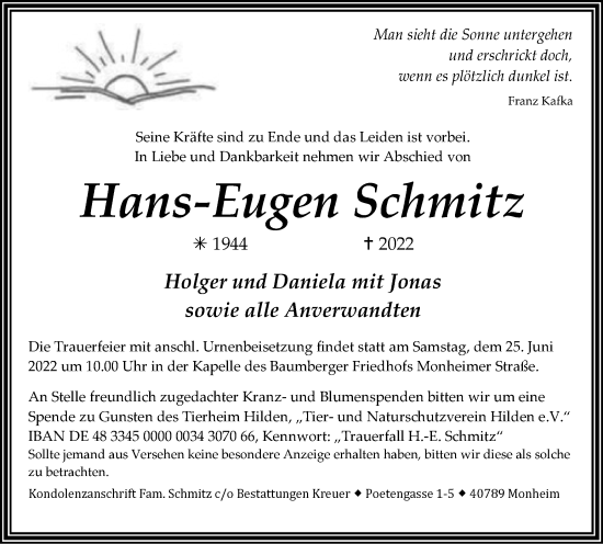 Traueranzeige von Hans-Eugen Schmitz von WVW Anzeigenblätter