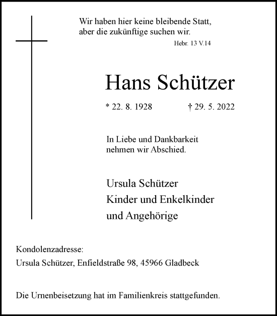 Traueranzeige von Hans Schützer von WVW Anzeigenblätter