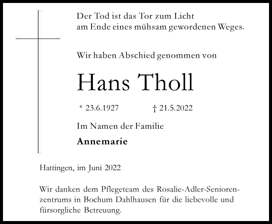 Traueranzeige von Hans Tholl von WVW Anzeigenblätter