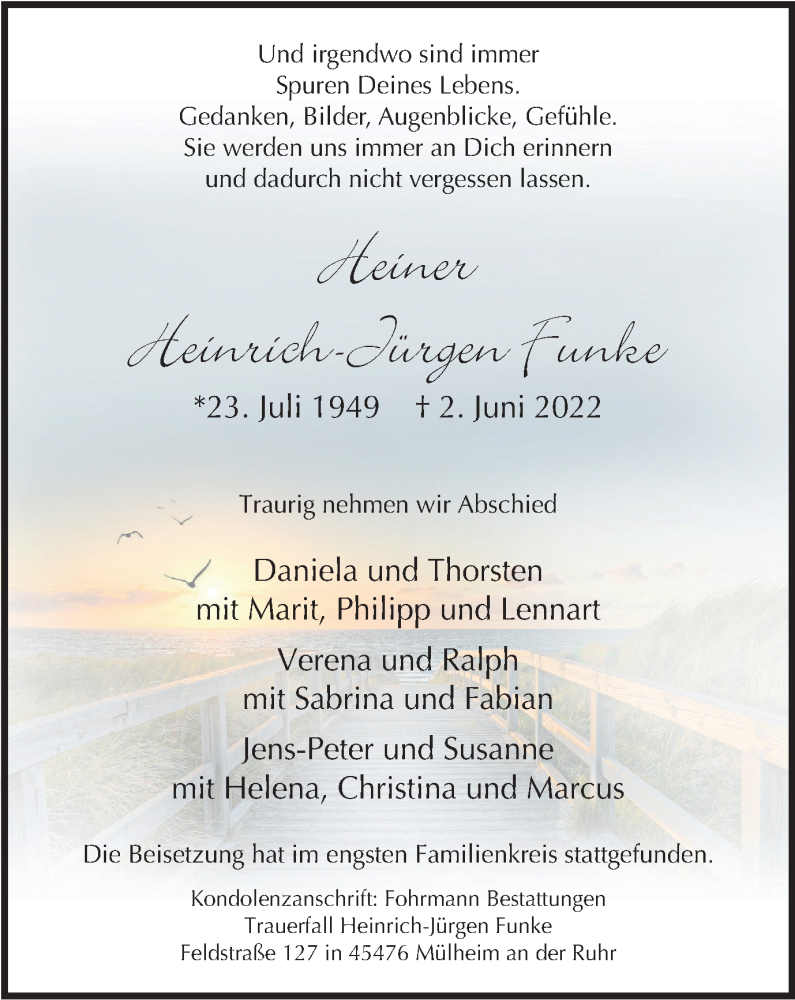  Traueranzeige für Heinrich-Jürgen Funke vom 25.06.2022 aus WVW Anzeigenblätter