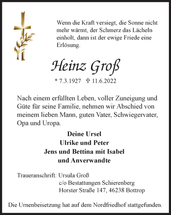 Traueranzeige von Heinz Groß von WVW Anzeigenblätter