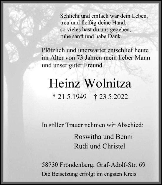 Traueranzeige von Heinz Wolnitza von WVW Anzeigenblätter