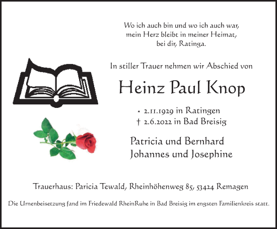 Traueranzeige von Heinz Paul Knop von WVW Anzeigenblätter
