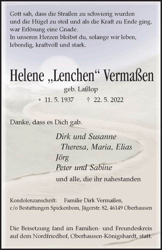 Traueranzeige von Helene Vermaßen von WVW Anzeigenblätter