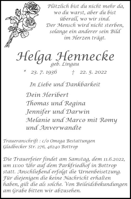 Traueranzeige von Helga Hennecke von WVW Anzeigenblätter