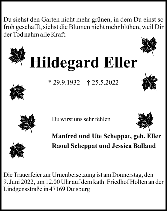 Traueranzeige von Hildegard Eller von WVW Anzeigenblätter